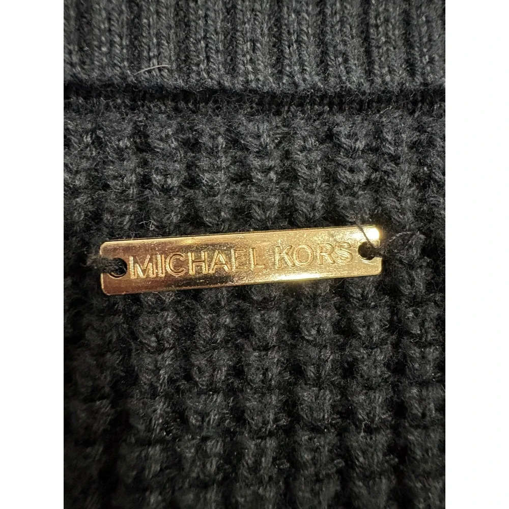 Michael Kors Black Waffle Knit Turtleneck Sweater Ribbed Sleeve Gold Logo Tag